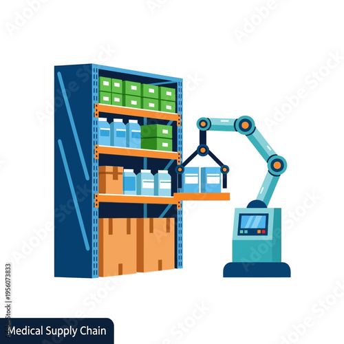 Automated robotic arm efficiently organizing medical supplies on shelves in a warehouse, showcasing modern supply chain technology.