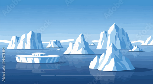 Vast Arctic Landscape with Pristine Icebergs Floating Serene Arctic Waters Under a Clear Blue Sky Illustrating Cold Climate Beauty and Nature's