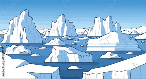 An illustrative arctic seascape with large ice formations and a clear blue sky, depicting a serene and isolated polar environment.