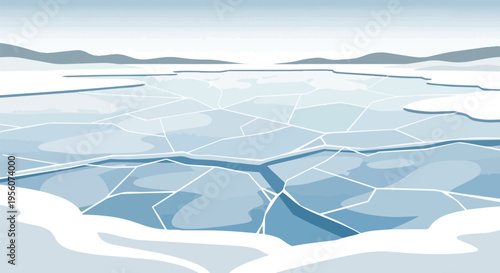 Expansive winter panorama showcasing a fractured ice sheet across a vast frozen lake under a serene sky with distant peaks