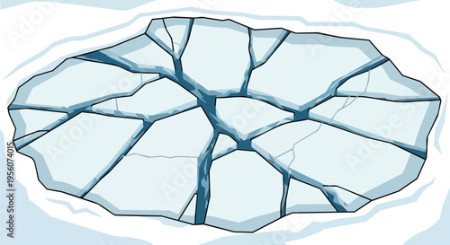Detailed illustration of a fractured ice floe floating on a frozen water surface showcasing a dynamic arctic landscape