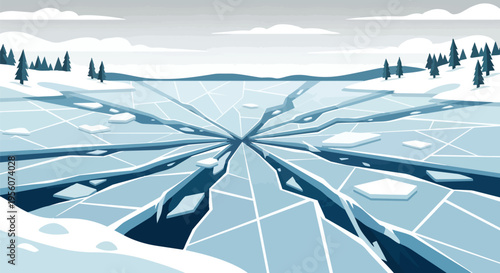 Expansive winter vista showcasing a deeply fractured frozen lake surface under a muted sky with distant evergreen trees on snow-covered hillsides