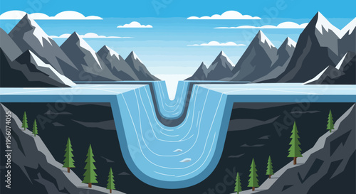 Stylized illustration of a majestic mountain range embracing a deep river gorge flowing into a tranquil waterfall under a clear blue sky, depicting