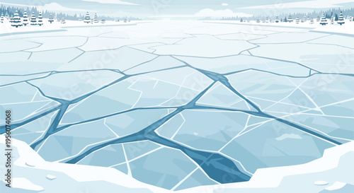 Vast frozen expanse with intricate ice cracks extending towards a distant snow-covered forest under a subdued winter sky a pristine wintry panorama