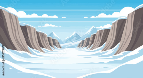 A majestic winter canyon illustration showcasing towering snow-covered peaks under a vast serene blue sky with wispy clouds, reflecting pure natural