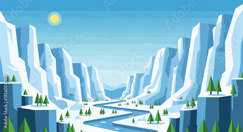 Expansive winter canyon vista featuring a serene winding river cutting through towering snow-covered peaks, adorned with minimalist evergreen trees