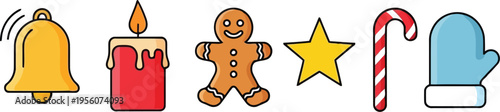 Holiday Themed Icons Set: Bell, Candle, Gingerbread Man, Star, Candy Cane, Mittens