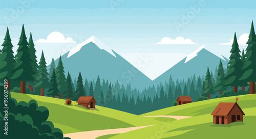 Beautiful cartoon mountain landscape with green hills, dense forests, snow-capped peaks, and quaint cabins nestled in a tranquil valley