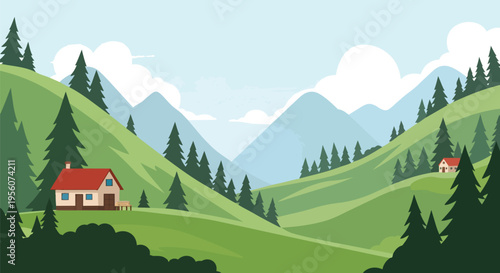 A tranquil illustration depicting a serene mountainous landscape with lush green rolling hills, dense pine forests, and cozy red-roofed cabins under