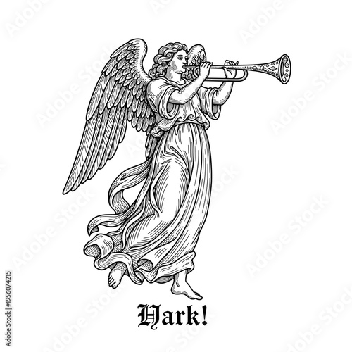 Vintage Engraving of a Winged Angel Trumpeter with 'Hark!' Text in Gothic Script