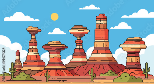 Vibrant flat design desert landscape showcasing stunning geological rock formations under a bright blue sky with fluffy clouds and sparse cacti, a