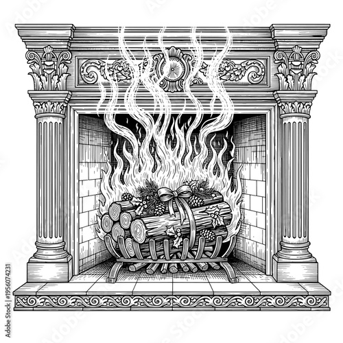 Vintage Engraved Fireplace with Yule Log Burning in a Classic Festive Setting