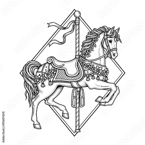 Detailed Vintage Engraving Style Carousel Horse Illustration for Amusement Park Themes