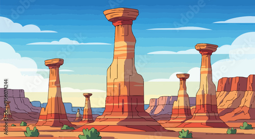 Vibrant animated desert landscape with majestic towering sandstone formations. Bright blue sky with clouds. Serene and vast arid environment