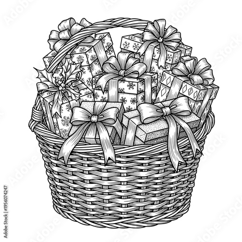 Vintage Engraving Style Illustration of a Festive Wicker Basket Filled with Christmas Gifts