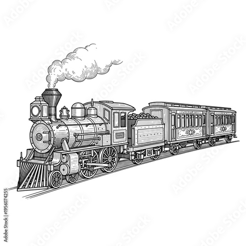 Classic Vintage Steam Train with Passenger Cars on Tracks Engraved Illustration