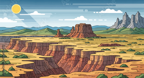 Expansive sun-drenched desert vista showcasing majestic red rock canyon formations, towering mesas, and distant jagged mountain peaks beneath a