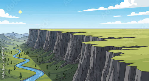 Vast Green Plateau Drops into a Detailed Riverine Canyon Under Clear Blue Skies