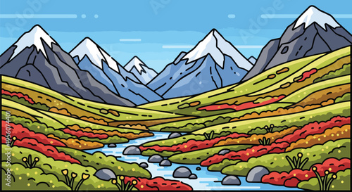 A beautiful animated illustration captures a scenic mountain vista, complete with a flowing river, verdant valleys, and vibrant red autumnal shrubs
