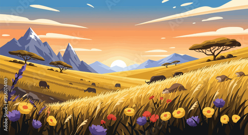 A beautiful vector illustration depicting an African savanna at sunset, with grazing animals, golden grasses, vibrant wildflowers, and majestic