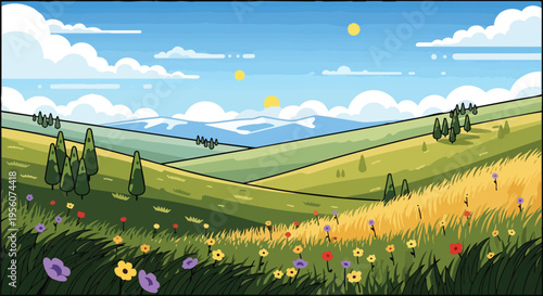 A breathtaking stylized landscape illustration featuring rolling hills, vibrant wildflowers, conical trees under a bright blue sky with playful suns.
