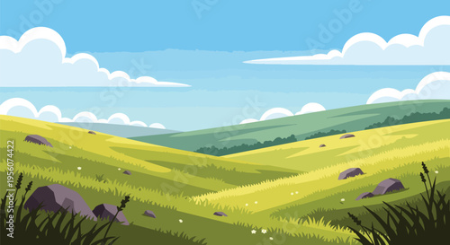 Green rolling hills cartoon under blue sky white clouds. Scattered rocks, small plants, serene natural vista. Tranquil outdoor landscape background