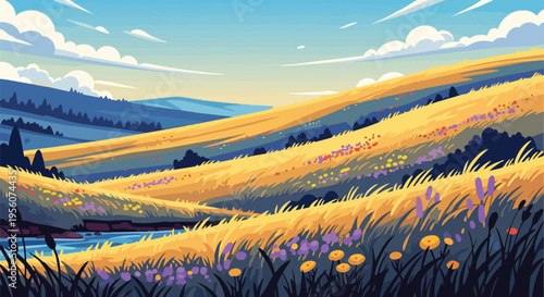 Vibrant golden hills and meadows with wildflowers beside a stream under a blue sky