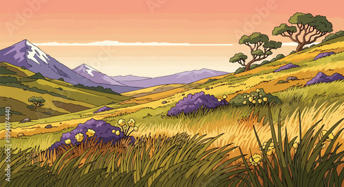 An idyllic animated mountain landscape bathed in the warm hues of an early evening sky. Rolling golden and green hills are adorned with vibrant