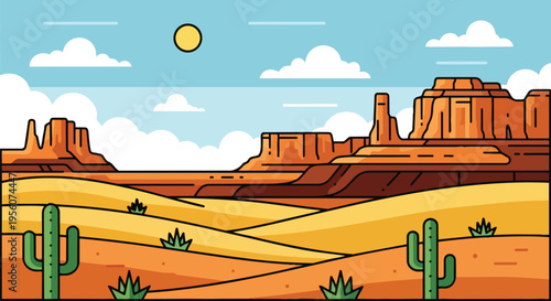 Stylized desert landscape featuring iconic mesas, rolling dunes, and saguaro cacti under a bright, cloud-filled sky