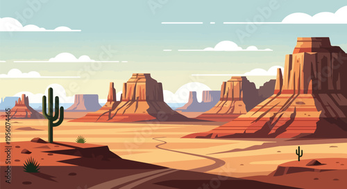 Expansive western desert vista with majestic mesas and iconic saguaro cacti under a vast sky