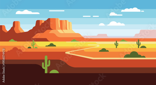 Captivating vector art depicting a vast arid desert terrain with iconic flat-topped mesas and distinct saguaro cacti under a clear blue sky winding