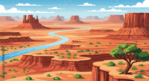 Vibrant cartoon desert landscape with winding river and majestic sandstone formations under a clear blue sky