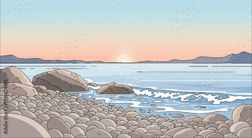 A soothing cartoon illustration of a serene pebble beach at sunrise, featuring prominent smooth rocks, gentle ocean waves, and a calm horizon with