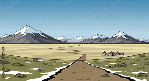 A captivating cartoon vista features towering snow-capped peaks, a vast plain, a winding trail, and yurts under bright blue sky