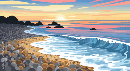A vibrant coastal sunset panorama with rolling waves and a pebble beach under a warm painted sky