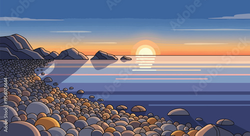 Radiant coastal sunset illuminating a tranquil pebble shore and serene ocean expanse