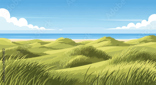A vibrant illustration of an expansive coastal scene, with rolling green grass dunes gracefully leading towards the tranquil blue ocean under a