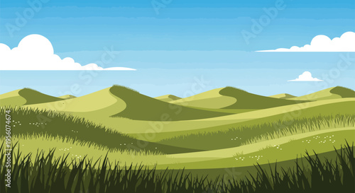 Vibrant vector art depicting a serene open landscape with gracefully rolling green hills covered in rich grass under a clear blue sky and fluffy
