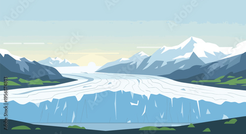 Panoramic view of a majestic glacier winding through a mountainous landscape under a serene sky