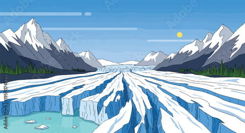 Majestic glacial valley illustration with towering snow-capped peaks under a bright blue sky, revealing icy crevices and a serene meltwater lake and