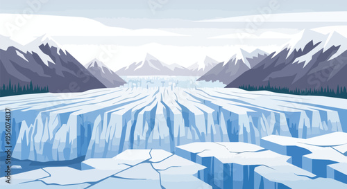 Majestic glacial expanse under a cold sky, showcasing rugged ice formations and distant peaks