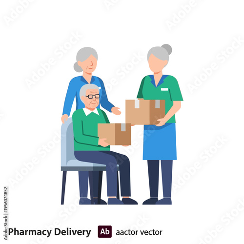 Elderly couple receiving a pharmacy delivery from a healthcare professional at home.