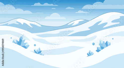 Stylized winter landscape. Snow-covered hills, distant mountains, clear blue sky above. Abstract blue ice crystals adorn foreground. A tranquil