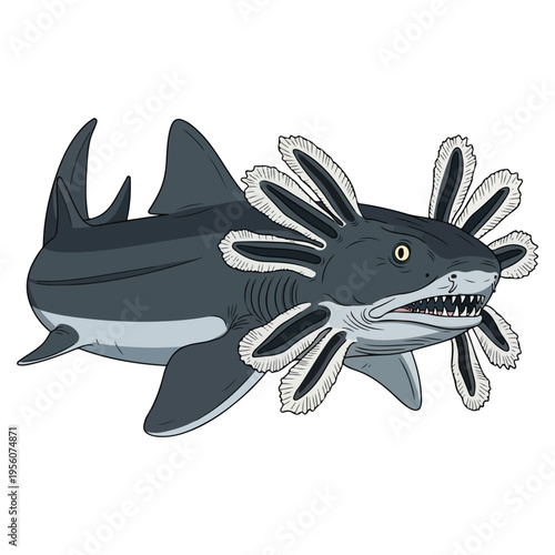 axolotl shark hybrid fantasy cartoon vector illustration