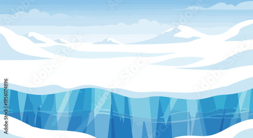 Sublime Arctic expanse illustration featuring a deep ice crevice and snowy mountain terrain under a pristine sky