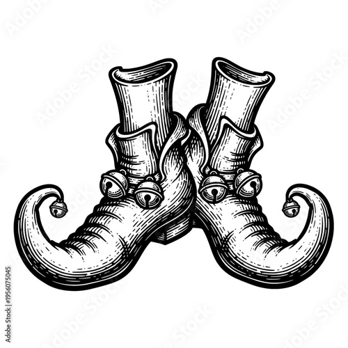 Whimsical Engraved Black and White Elf Shoes with Jingle Bells Illustration