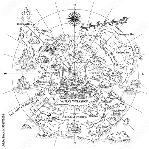 Detailed Hand-Drawn Map of Santa's Magical Arctic Workshop and Surrounding North Pole Region