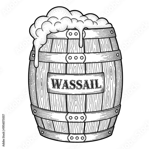 Vintage Engraved Wooden Barrel Full of Wassail Drink with Overflowing Foam
