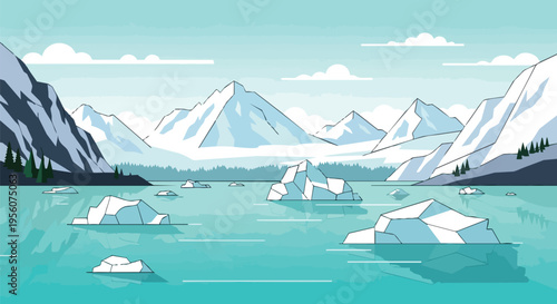A captivating minimalist illustration showcasing a serene arctic landscape with majestic snow-capped mountains and tranquil ice-strewn waters under