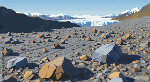 A vast desolate arctic glacial landscape with scattered rocks and distant snow-capped mountains under a clear sky.
